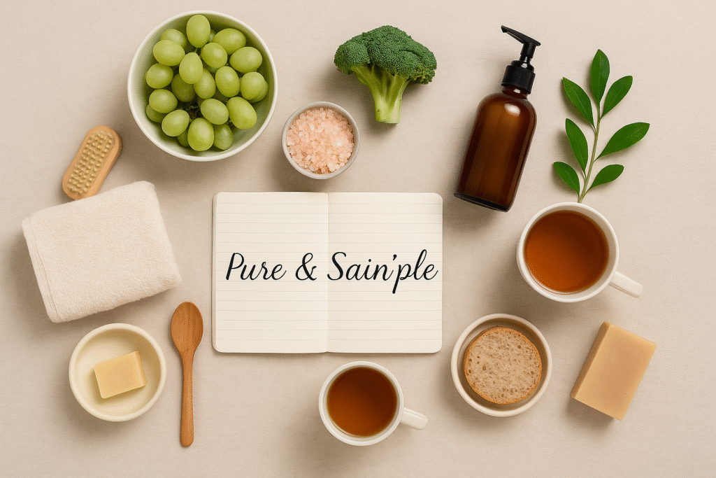 Flat lay bien-être avec des éléments naturels : soins, thé, légumes et pain autour d’un carnet marqué "Pure & Sain’ple", illustrant un mode de vie sain, équilibré et minimaliste.