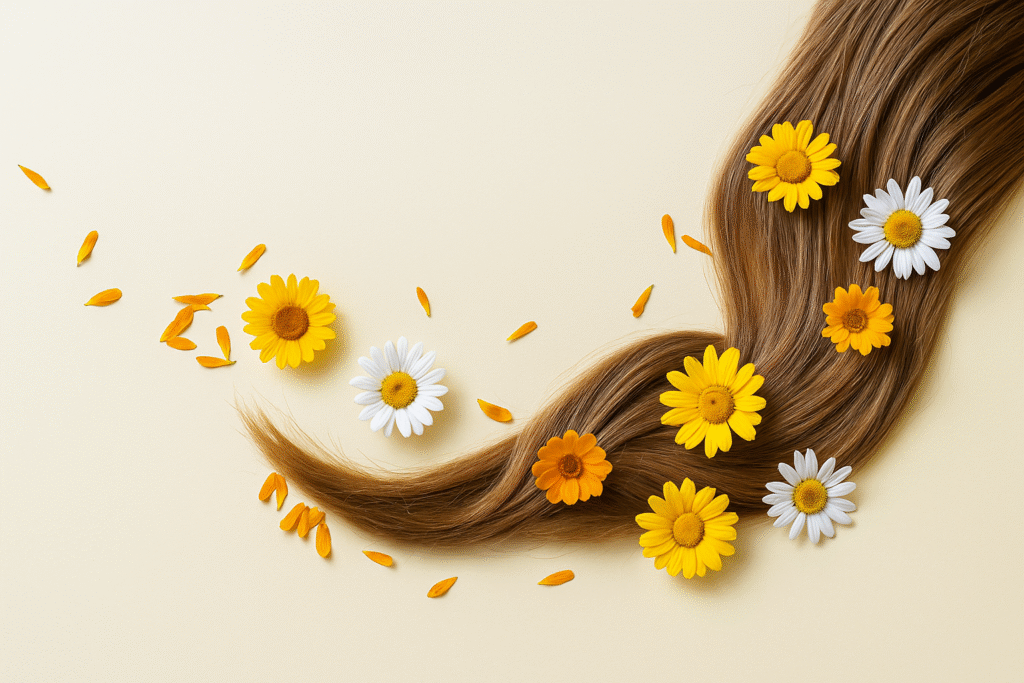 Cheveux bruns avec des fleurs jaunes et blanches, symbole de soin capillaire naturel, douceur et beauté intérieure.
